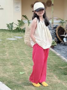 Dazy Kids 2pcs Tween Girl Tween Girl Crew Neck Sleeveless Tank Top + Striped Woven Pants Summer Set Vacation - Apricot - View 5