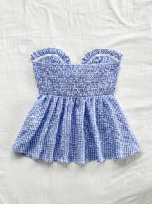 Soleia Nueva blusa sin tirantes con volantes en el dobladillo y lazo delantero a cuadros, azul y blanco, estilo vacacional