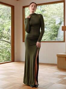 SHEIN LUNE Gaun Rajut Lengan Panjang Bodycon Berlipit Leher Tinggi Elegan untuk Wanita - Hijau - View 3