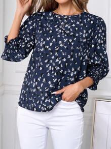SHEIN Clasi Women's Navy Blue Casual Blouse With Abstract Print, Shirred Three-Quarter Sleeves, And Round Neckline - Navy Blue - View 6