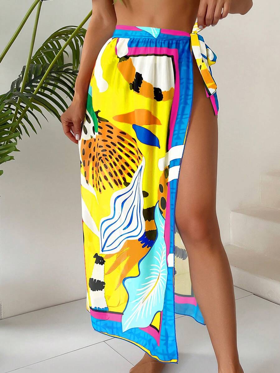 SHEIN Swim Floral Print 1 Piece Swimsuit With Mesh Surong For Women, Tie-Side Sexy Wraparound Skirt Cover Up For Summer Beach Vacation - Yellow - View 1