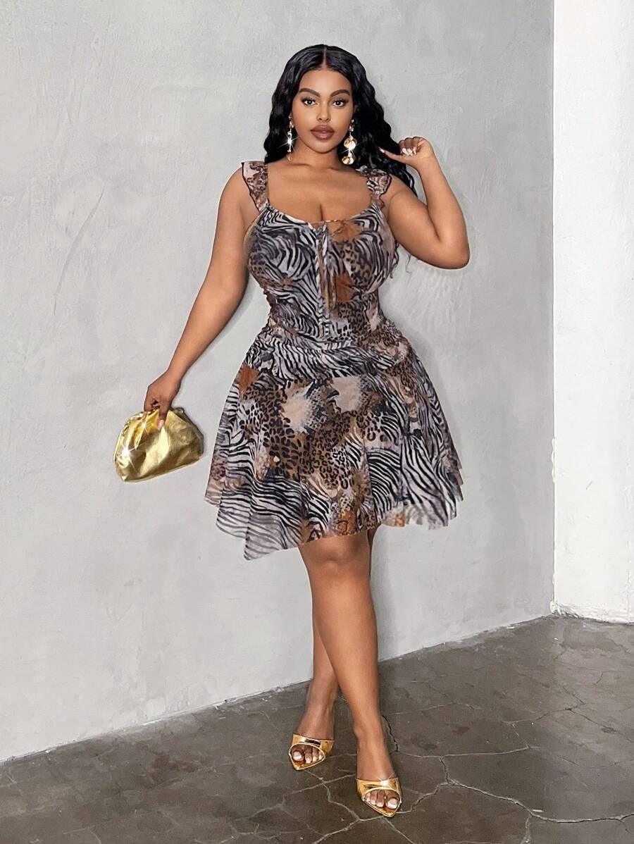 Maweii Plus Size Women's Animal Print Mini Knit Dress - Brown - View 1