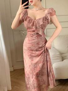 DAZY Abito estivo da donna con colletto quadrato, balze e fantasia floreale mista, in stile patchwork