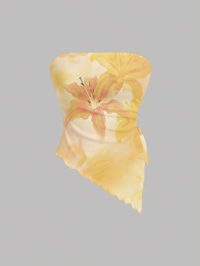 SHEIN MOD Women Floral Pattern Asymmetric Hem Tube Top, Suitable For Summer Suitable For Going Out