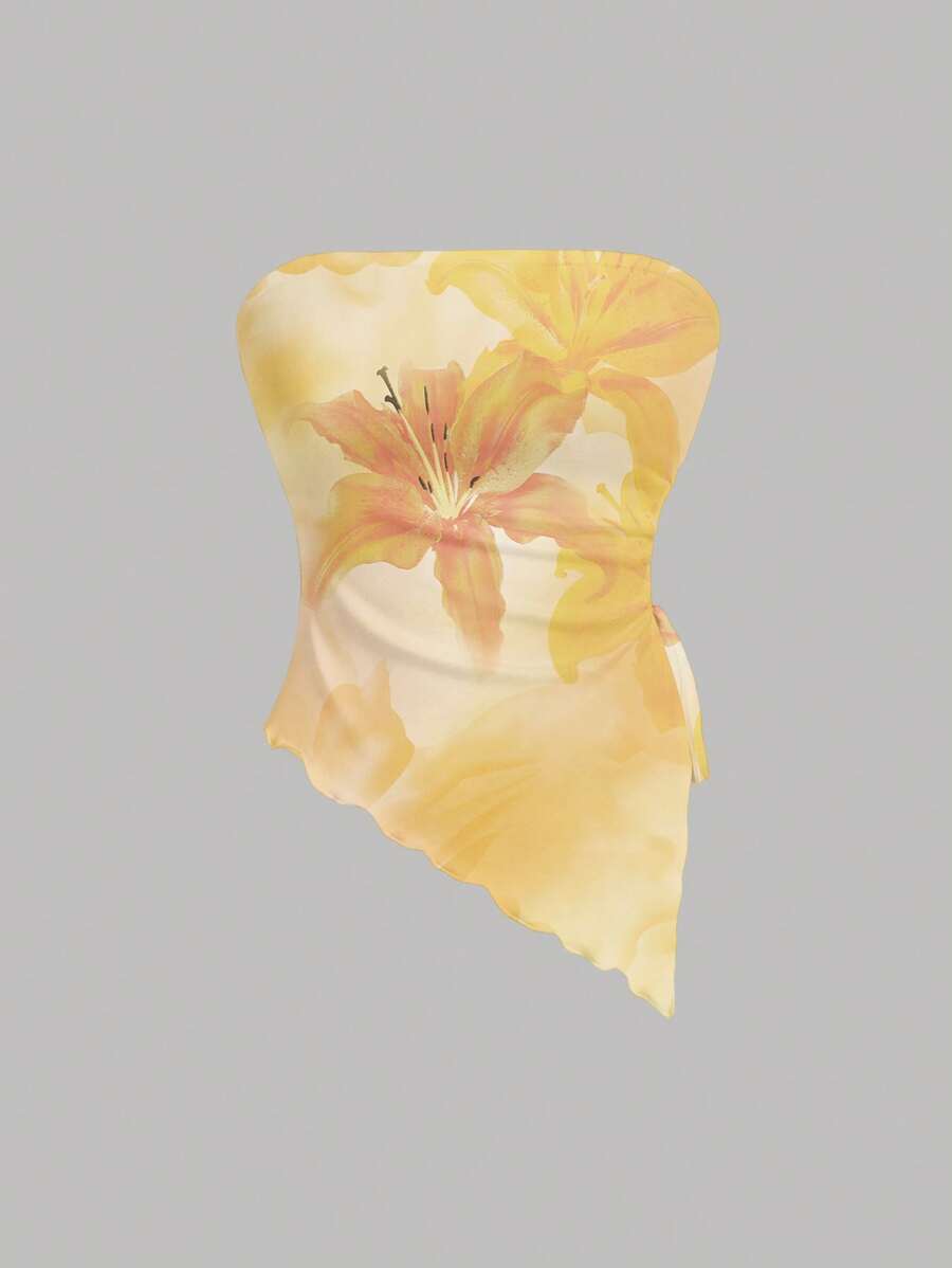 SHEIN MOD Áo ống họa tiết hoa bất đối xứng cho nữ, phù hợp cho mùa hè - Màu vàng - Xem 1