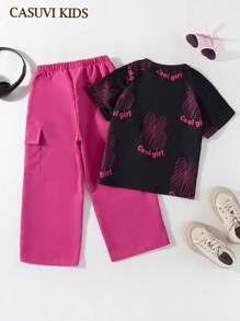 SHEIN 2pcs/Set Young Girl Summer Fashionable Floral Pattern Cargo Pants Set - Rose Red - View 2