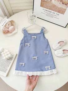 SHEIN Baby Girl Elegant Color Block Bow Decor Summer Dress - Blue - View 11