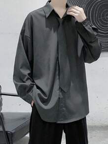 Manfinity Hypemode Loose Fit Men's Solid Color Drop Shoulder Shirt, Without Tie - Grey - View 4