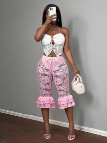 Slaydiva Quần short bó sát dài đến đầu gối cạp cao gợi cảm và ngọt ngào cho tiệc sinh nhật lễ hội âm nhạc mùa hè năm 2025 cỡ lớn dành cho nữ, có cà vạt, bèo nhún và chi tiết ren - Hồng - Xem 6