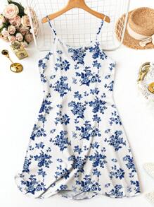 SHEIN LUNE 大码休闲简约吊带蓝色碎花宽松连衣裙，适合夏季 - 藍白色 - 查看 6