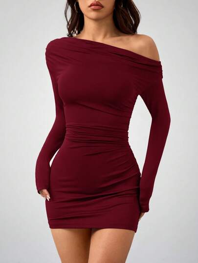 SHEIN PETITE 女士纯色夏季长袖简约短款休闲连衣裙秋装秋季女装秋季女装不对称连衣裙冬装