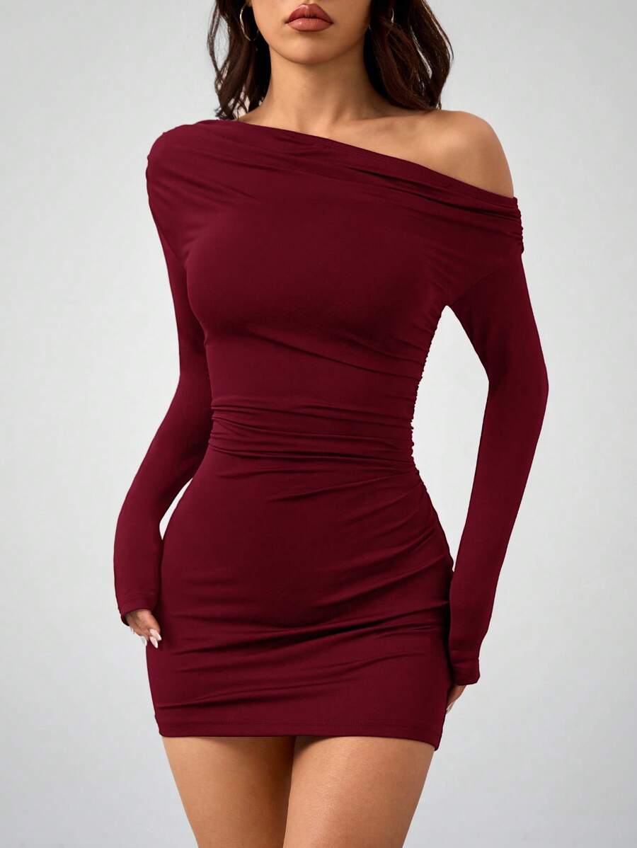 SHEIN PETITE 女士纯色夏季长袖简约短款休闲连衣裙秋装秋季女装秋季女装不对称连衣裙冬装 - 酒紅色 - 查看 1