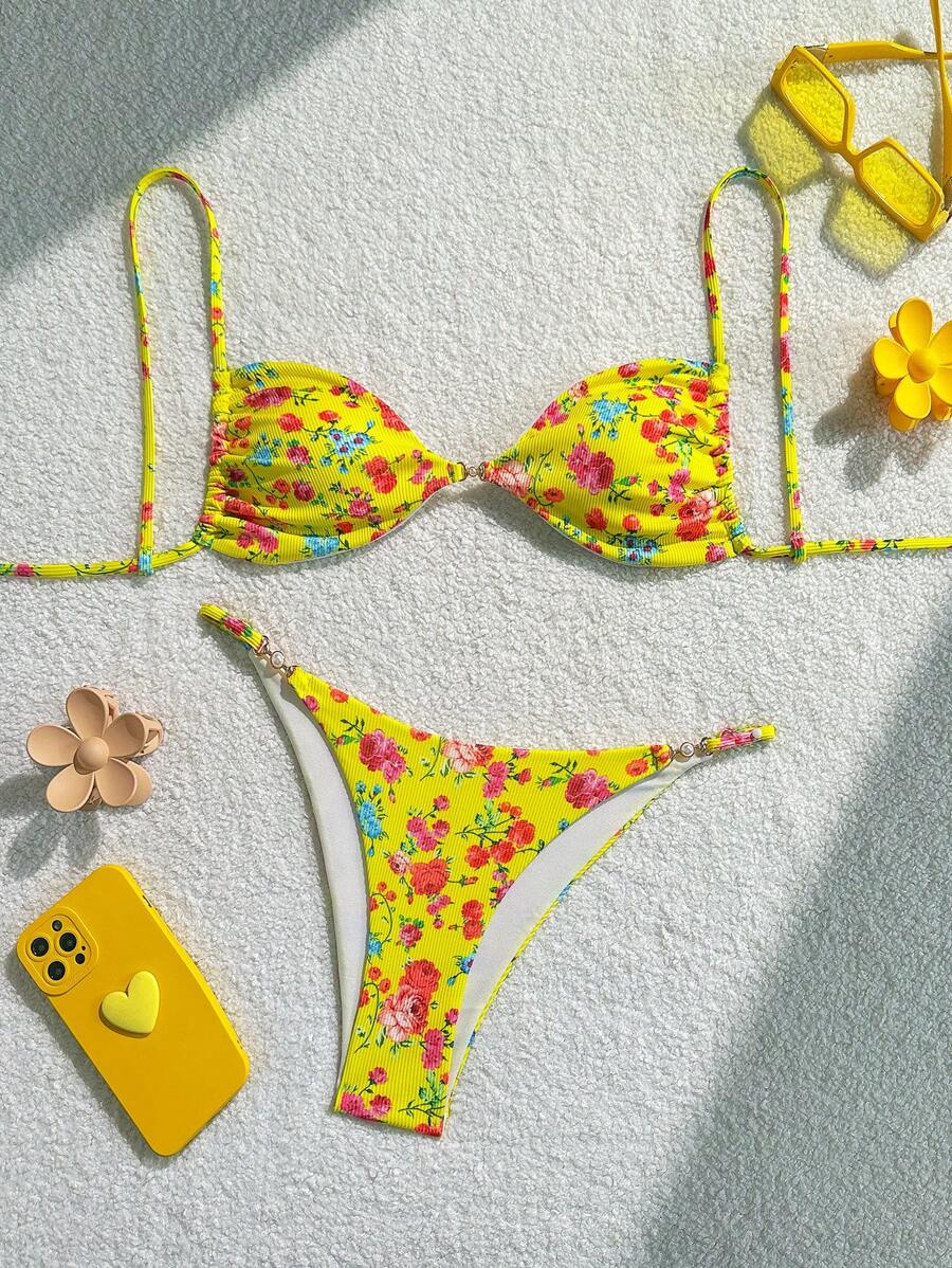 SHEIN Swim Women's Colorful Floral Print Bikini Swimwear Set Floral BikiniTwo Pieces Bikini - Yellow - View 1