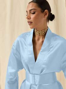 SHEIN X ELOISA & ORSON COSMINA Vestido elegante de mujer con escote en V y mangas abullonadas