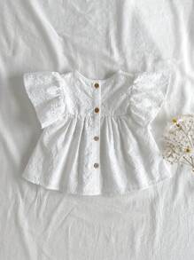 Loomiva Baby Girl Solid Color Round Neck Cap Sleeve Casual Pullover Top