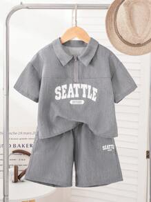 年轻男孩夏季新款前印花翻领半拉链宽松短袖上衣和休闲短裤套装，时尚运动简约装 - 灰色 - 查看 1