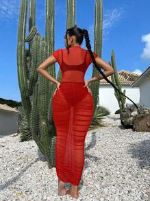 SHEIN SXY Women Solid Color Round Neck Mesh Short Sleeve Bodysuit And Pleated Skirt Sexy 2 Pieces Set