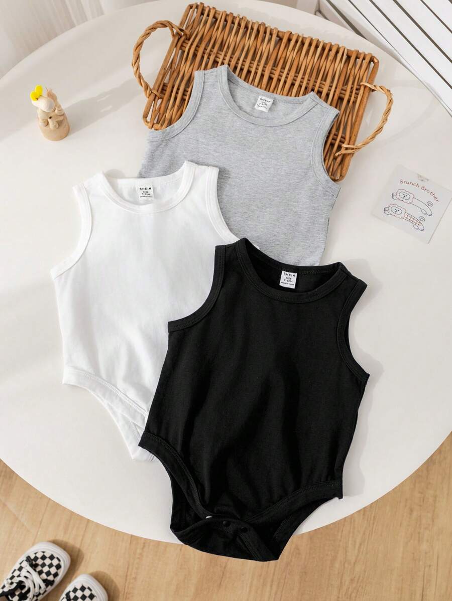 SHEIN Set de 3 piezas de pelele sin mangas de punto unisex para bebé, negro/blanco/gris