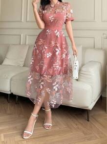 DAZY Đầm maxi dáng lửng tay phồng in hoa mỏng nhẹ, thích hợp cho kỳ nghỉ/hẹn hò, dành cho nữ, kiểu dáng thanh lịch, thích hợp cho lễ Phục sinh. - Hồng - Xem 3