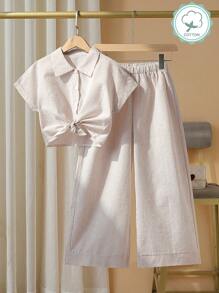 2 件套女童条纹棉质短袖衬衫搭配阔腿裤，休闲春夏季度假装、假日装、夏季装、旅行装 - 卡其色 - 查看 6