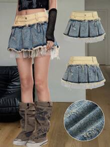 Coolane Women's Summer Y2K Streetwear Vintage Mesh Denim Dirty Patchwork Cutting Process Pleated Low Rise Mini Skirt, Back To School, Western Wear Women - Multicolor - View 5