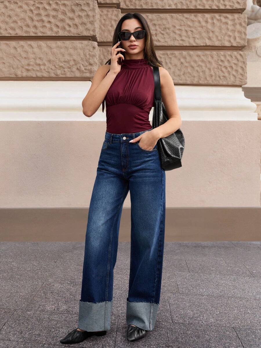 EURMUSE 100% 纯棉宽松牛仔裤，休闲时尚，适合夏季 - 中等水洗藍 - 查看 1