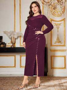 Modelyn 大码女式泡泡图案侧开衩下摆优雅连衣裙 - 紅色 - 查看 4