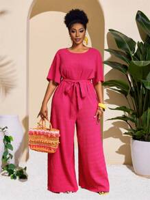 Slaydiva Plus Size Fitted Belted Jumpsuit, Pink, Slimming Top And Bottoms, Vacation & Elegant Casual, Spring/Summer - Hot Pink - View 6