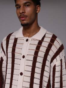 Musero Men Striped Knit Button Down Crochet Cardigan - Multicolor - View 4