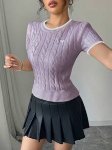 Elenzga 女士蝴蝶结刺绣圆领短袖针织上衣 - 紫色 - 查看 6