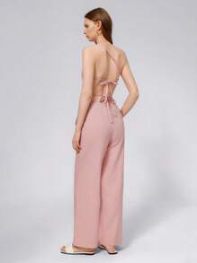Femmeiva 1 Set Women Tie Strap Cropped Top + Casual Straight Leg Pants - Pink - View 4