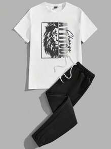 Manfinity VCAY Completo estivo da uomo con t-shirt in maglia bianca e pantaloni con stampa di lettere e leone