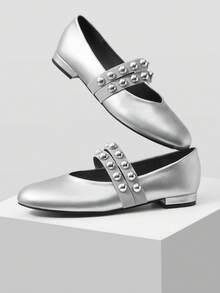 MOTF PREMIUM Zapatos casuales de mujer con puntera redonda plana para otoño - Plateado - Ver 4