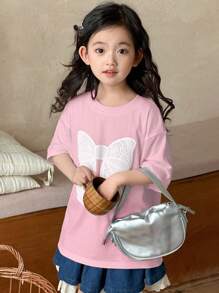DAZY 女童蝴蝶结印花圆领针织短袖T恤，夏季 - 粉色 - 查看 5