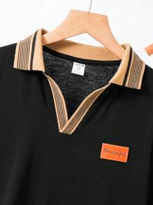 两件套男童休闲撞色 Polo 衫套装，包含一件带徽标的 Polo 衫和一条松紧腰短裤，适合春、夏、秋季穿着，也适合户外玩耍、上学、街头穿搭和派对等场合。 - 黑色 - 查看 4