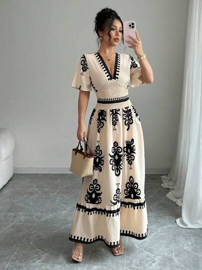 Elenzga Vestido largo con cuello en V y cintura con cordón, con estampado floral, para mujeres, color albaricoque