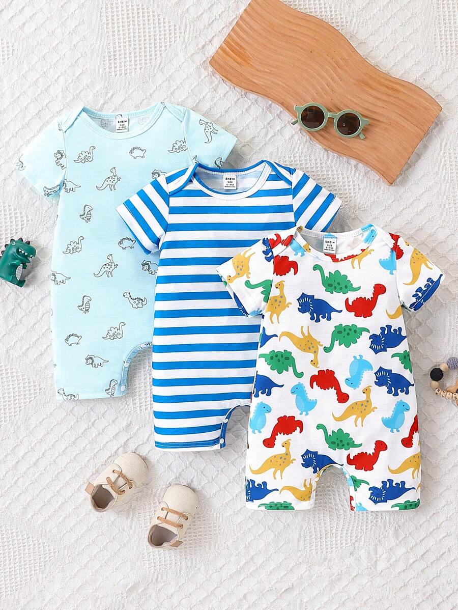 SHEIN 3pcs/Set Baby Boys All-Over Cartoon Allover Print Cute Summer Romper - Multicolor - View 1
