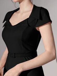 Poshira 女士纯色心形领修身喇叭连衣裙 - 黑色 - 查看 3