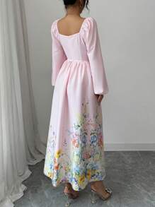 Modelyn Women's Floral Print Lantern Sleeve Sweetheart Neck Elegant Mid-Length Dress - Pink - View 2