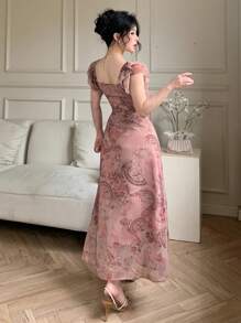 DAZY Abito estivo da donna con colletto quadrato, balze e fantasia floreale mista, in stile patchwork