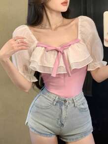 DAZY 情人节荷叶边撞色拼接修身抽绳女式衬衫 夏季情人节 - 粉色 - 查看 3