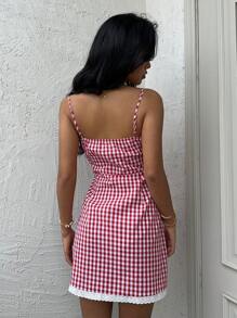 Aloruh 女士性感可爱 YTK 红白格子印花抹胸紧身连衣裙 - 彩色 - 查看 2