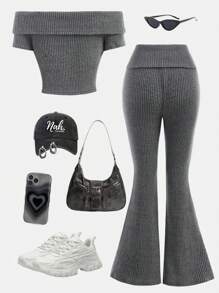 Girlism Conjunto de 2 piezas de top corto de manga corta sin hombros tejido con pantalones de cintura alta acampanados en tela pura para niña preadolescente, casual y elegante para uso diario, apto para primavera y verano, conjuntos de moda casual para niñas en la calle, vuelta al colegio, estilo campus