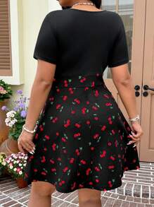 Solflare Plus Size Women Cherry Print V-Neck Short Sleeve Casual Dress, Suitable For Daily Wear, Spring/Summer