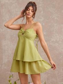 L'Amorae Elegant Double Strap Tiered Summer Sundress, Beach Outfit With Bow Details, Summer Outfits For Women - Green - View 5