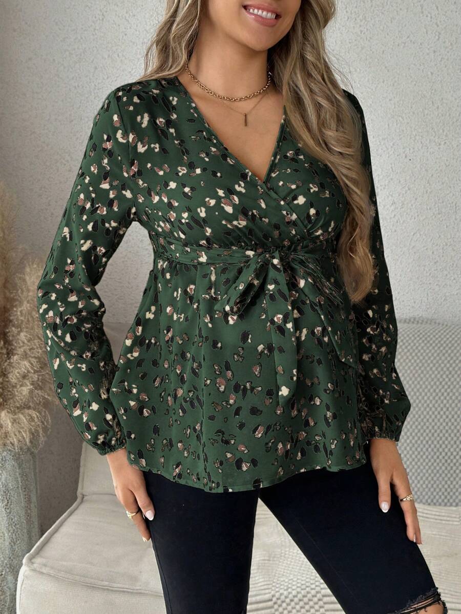 SHEIN Blouse de maternité col en V manches longues, minimaliste et , convient pour l'été