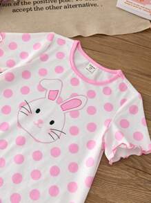 SHEIN Young Girl Cute Minimalistic Rabbit & Polka Dot Print Round Neck Short Sleeve Ruffle Hem Dress - Pink - View 3