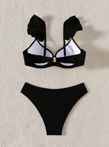 Solid Color Textured Fabric Halter Neck Padded Women's Bikini Set, Beach Outfits For Summer Beach Vacation