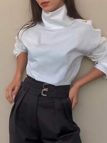 Women's Fashion Side-Button Design Blouse For Work Fall Cloth For Women - White - View 4