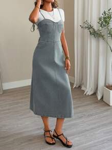 DAZY 女式休闲长款牛仔背带裙，带口袋，太阳裙 - 淺藍色 - 查看 4